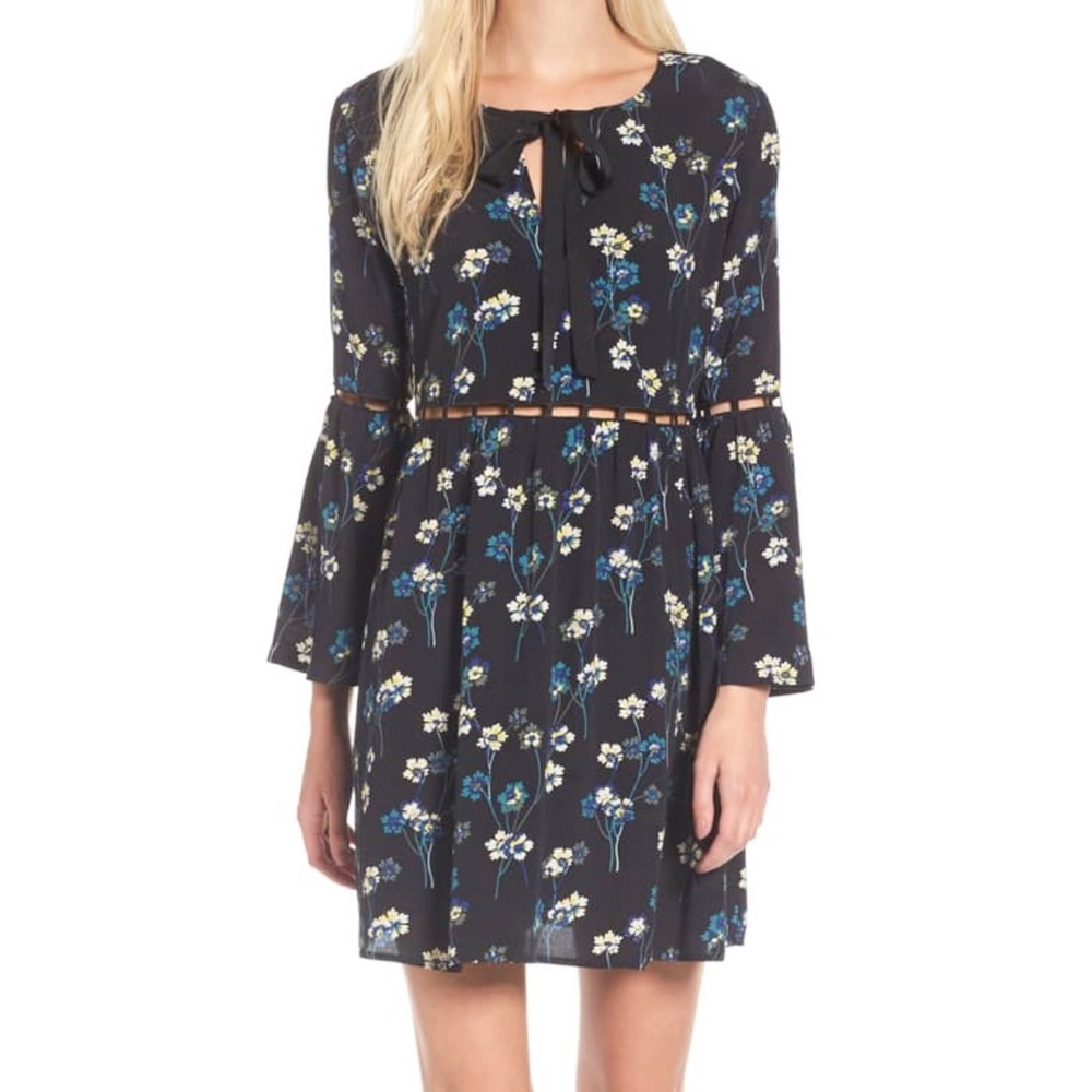 Revolve Ella Moss Adara Dress Size XS Black Floral Tie Neck Cutouts Bell Sleeve